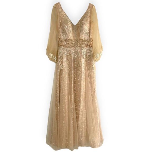 Val Stefani V-Cut Tulle Overlay Sleeve Sequin Bead Lace Embellished Gown Dress - Picture 6 of 17